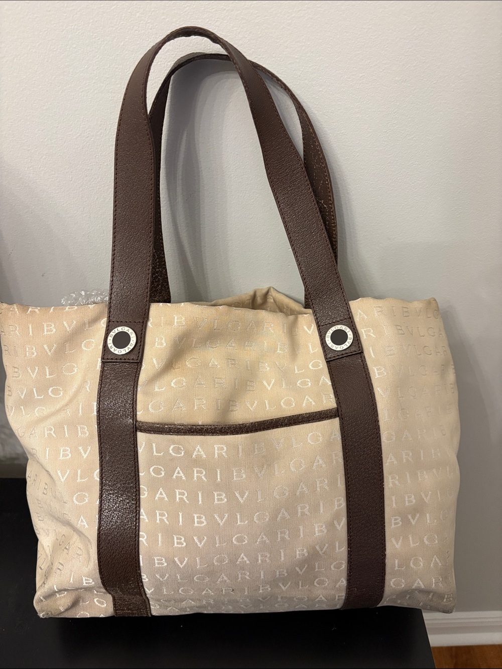 Bvlgari Vintage Logomania Canvas Tote Bag Purple Interior